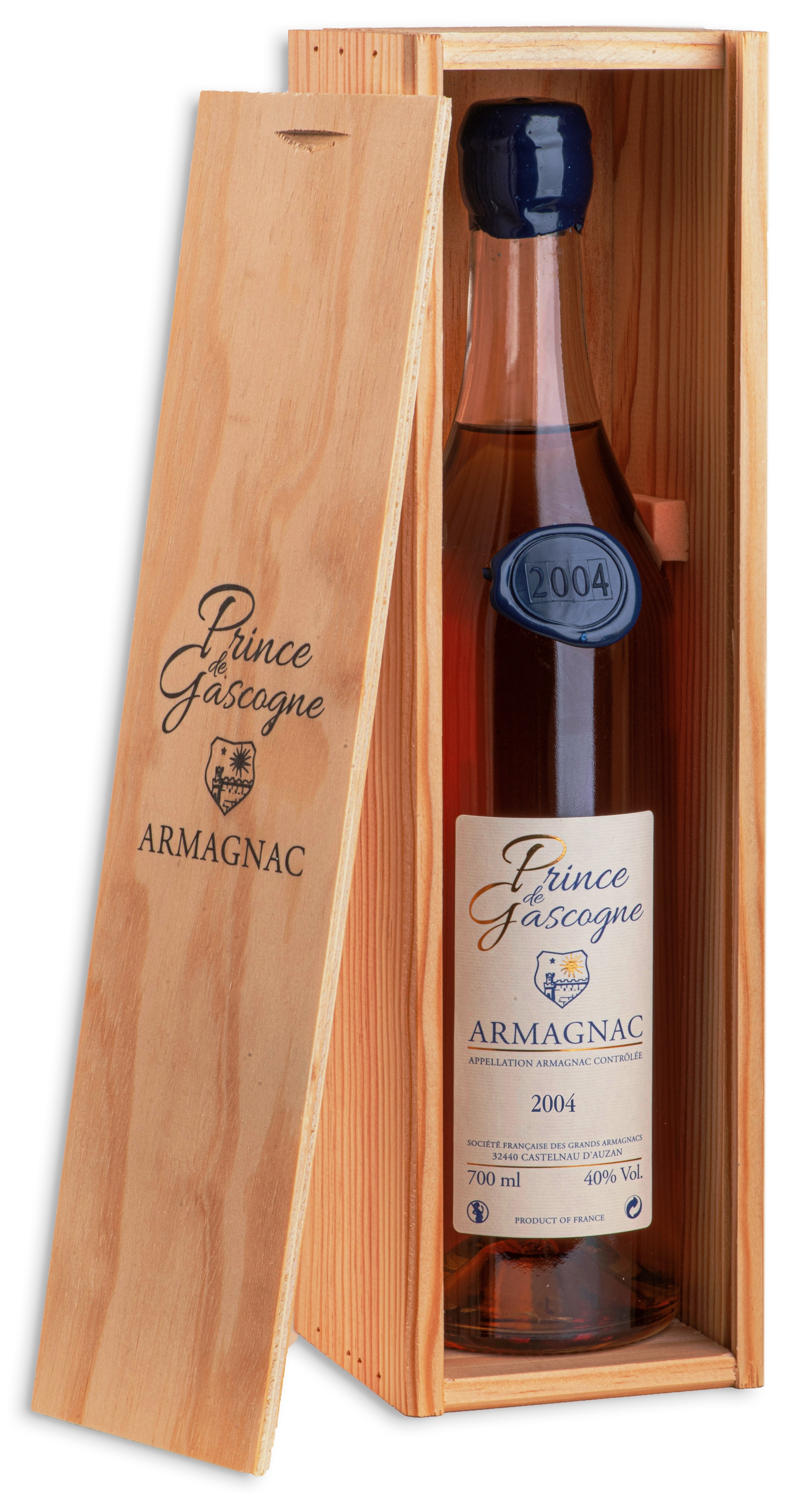 Armagnac Prince de Gascogne 2004, 0,7l, 40%, seduction bottle, wood box