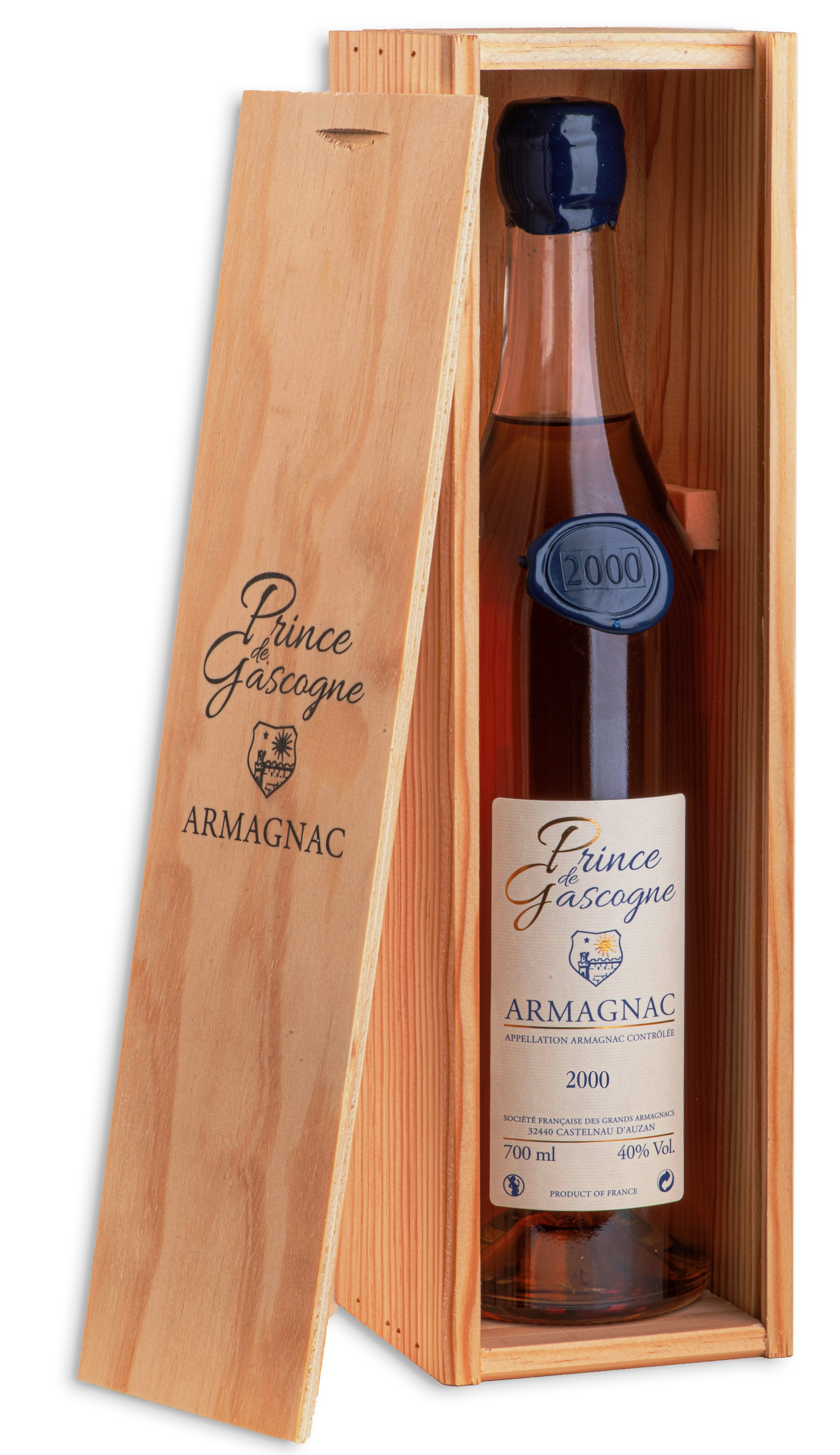 Armagnac Prince de Gascogne 2000, 0,7l, 40%, seduction bottle, wood box