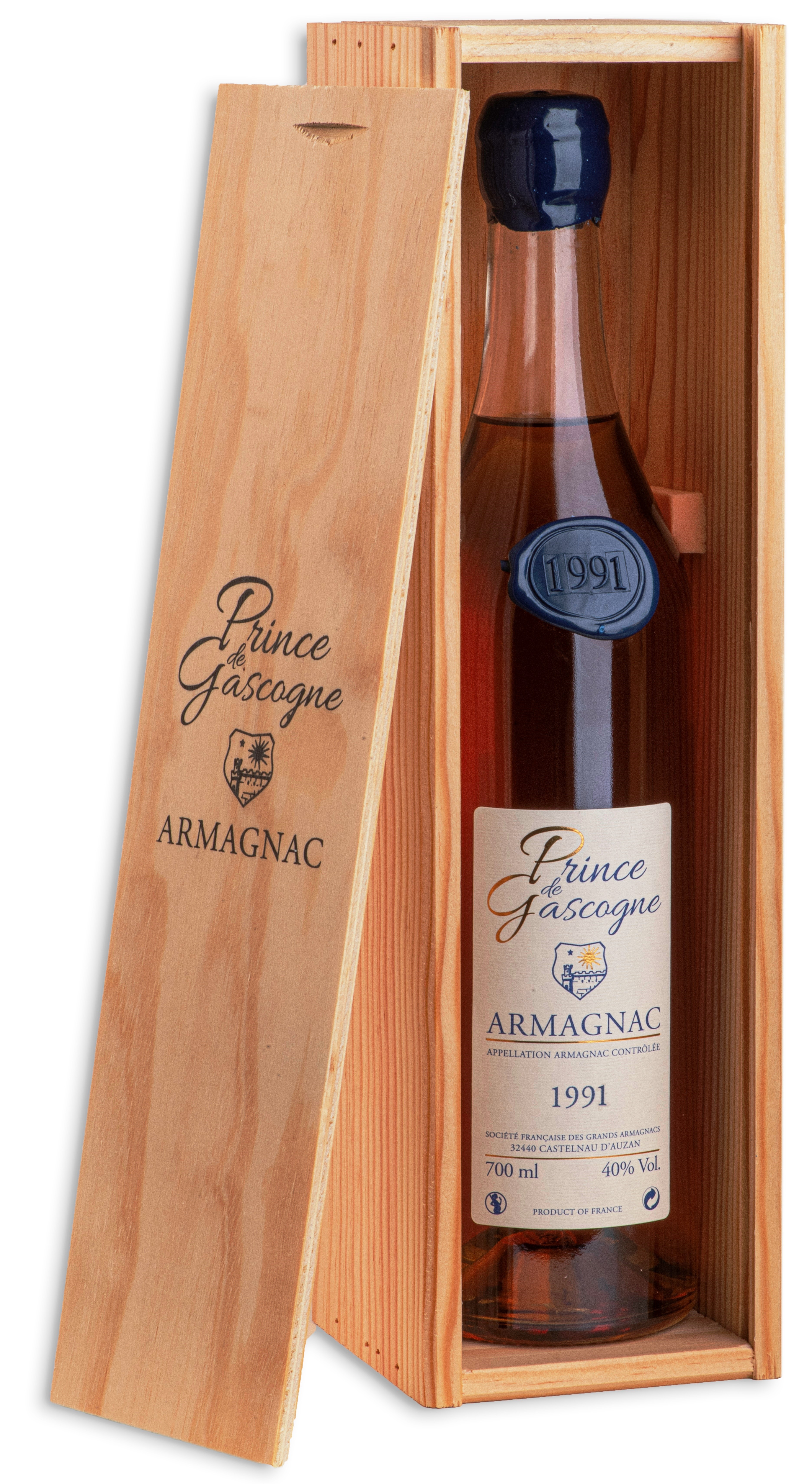 Armagnac Prince de Gascogne 1991, 0,7l, 40%, seduction bottle, wood box