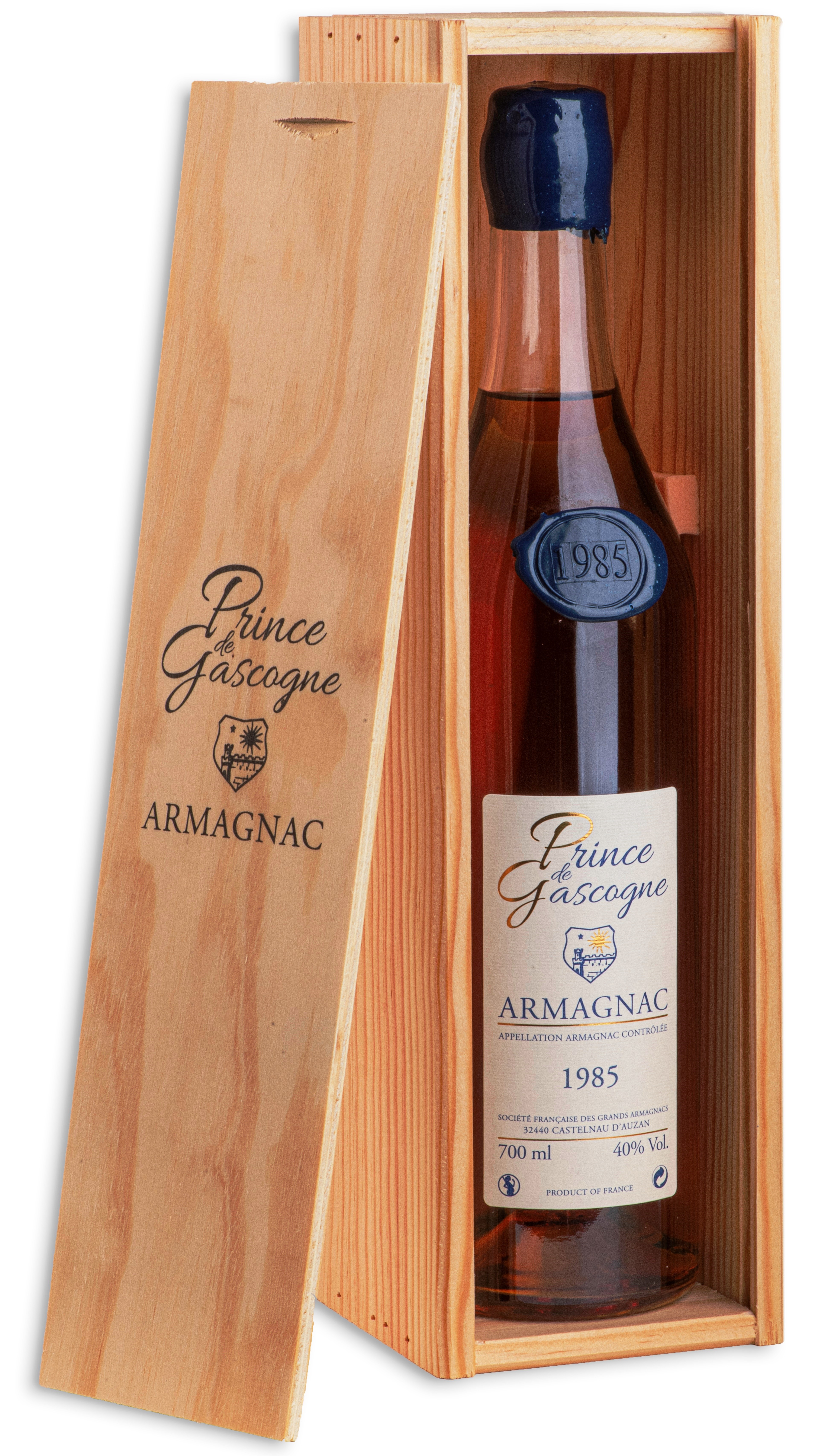 Armagnac Prince de Gascogne 1985, 0,7l, 40%, seduction bottle, wood box