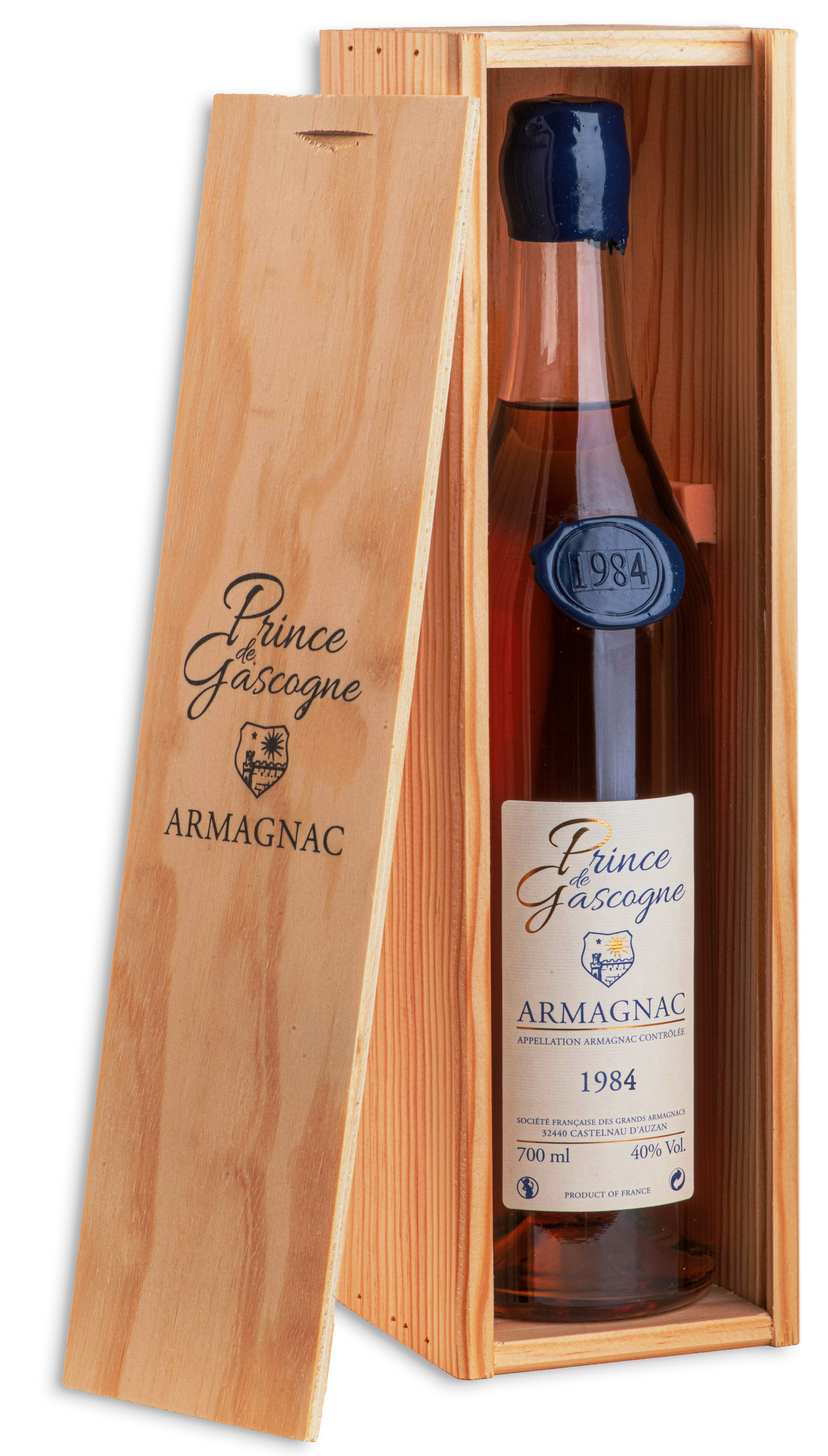 Armagnac Prince de Gascogne 1984, 0,7l, 40%, seduction bottle, wood box