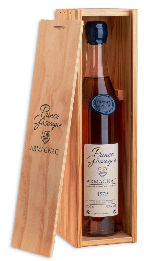 Armagnac Prince de Gascogne 1979, 0,7l, 40%, seduction bottle, wood box