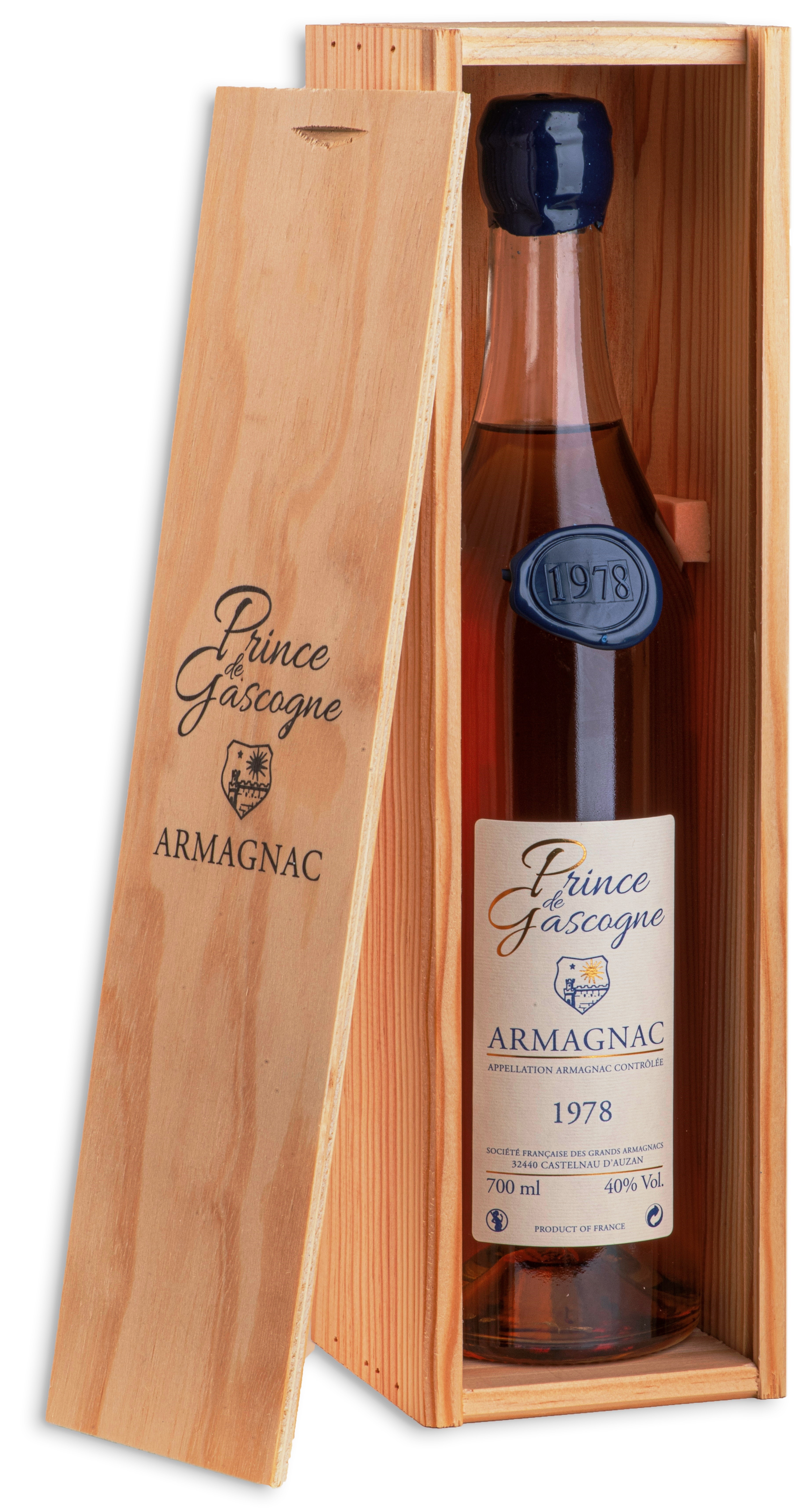 Armagnac Prince de Gascogne 1978, 0,7l, 40%, seduction bottle, wood box