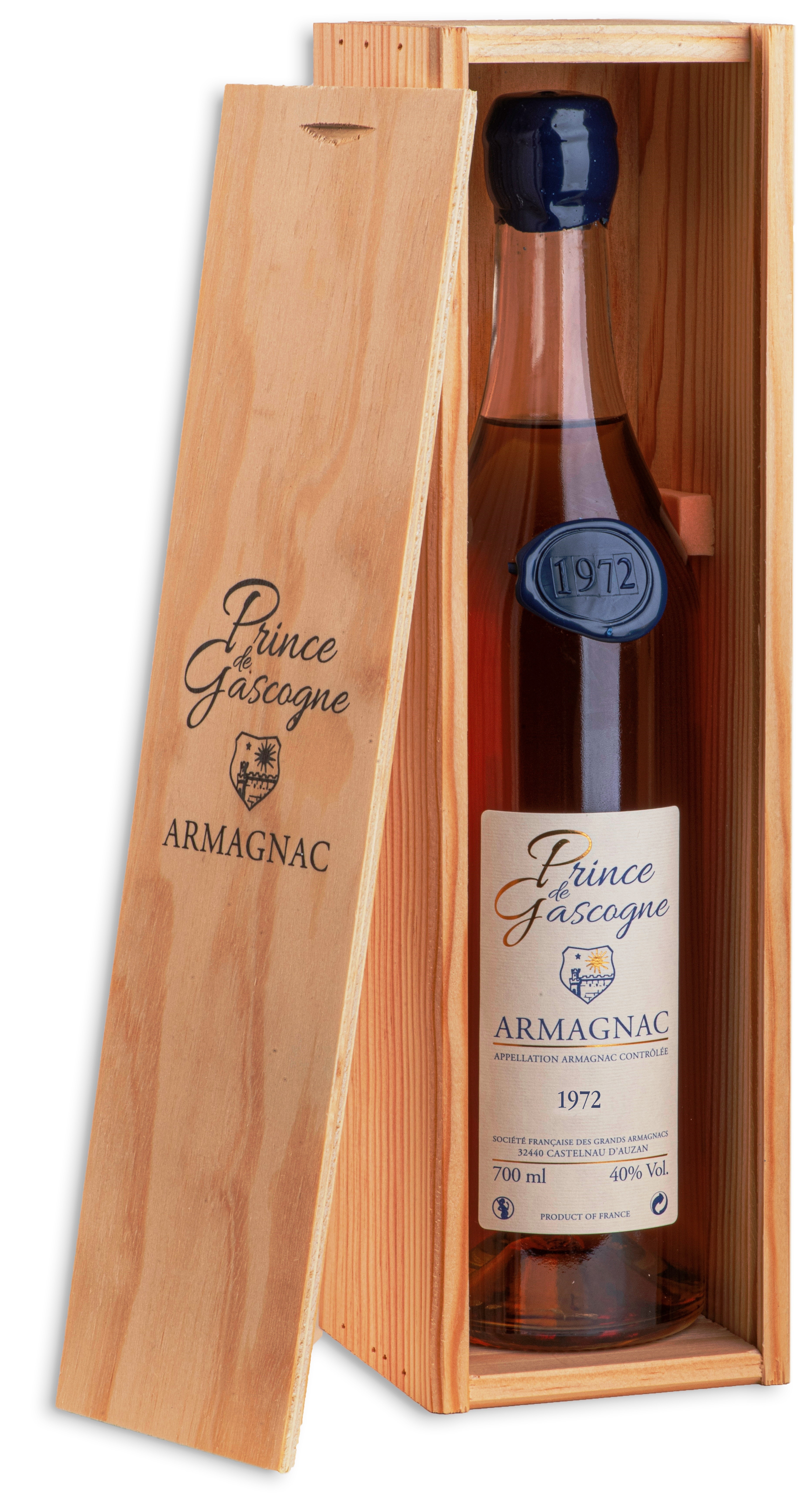 Armagnac Prince de Gascogne 1972, 0,7l, 40%, seduction bottle, wood box