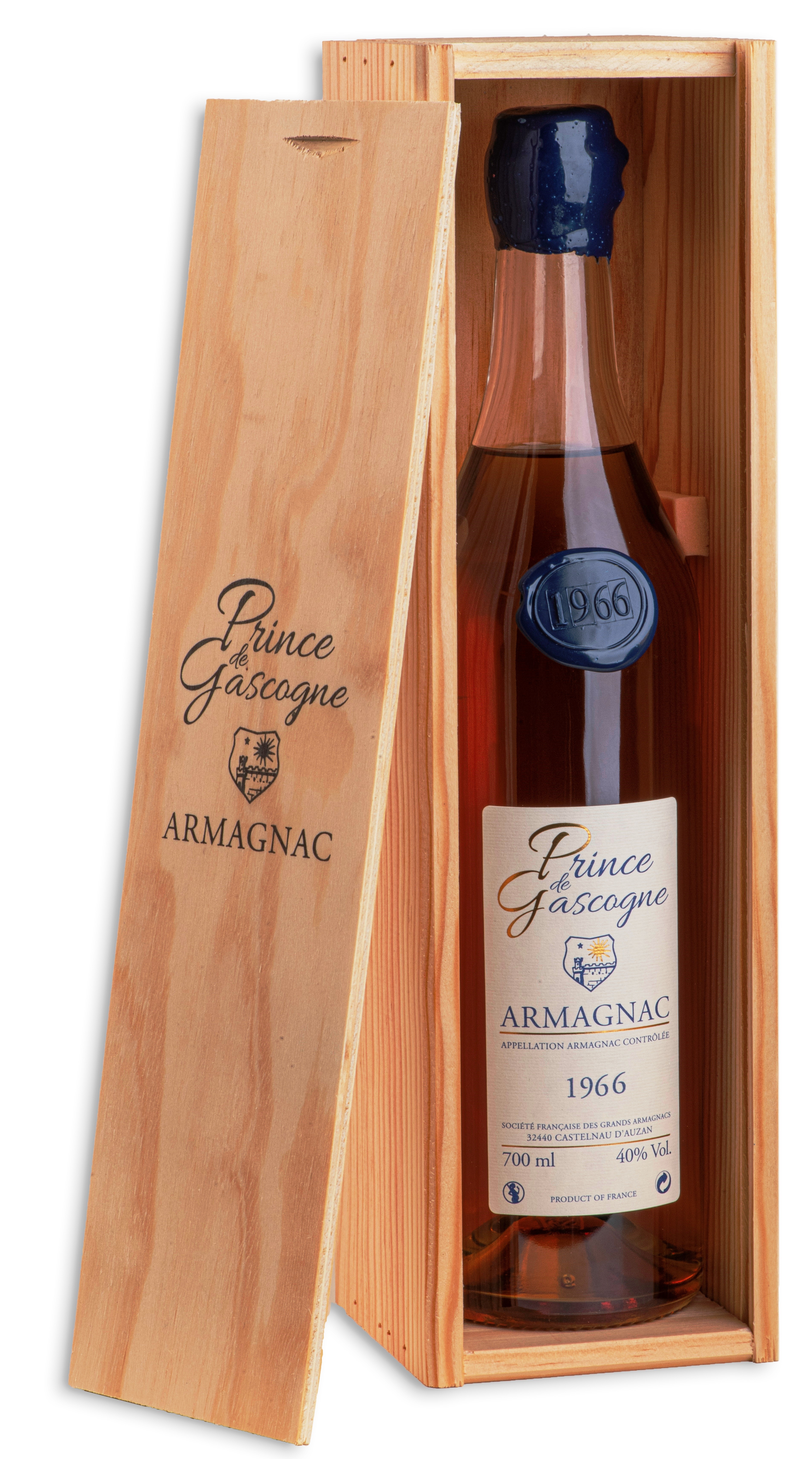 Armagnac Prince de Gascogne 1966, 0,7l, 40%, seduction bottle, wood box