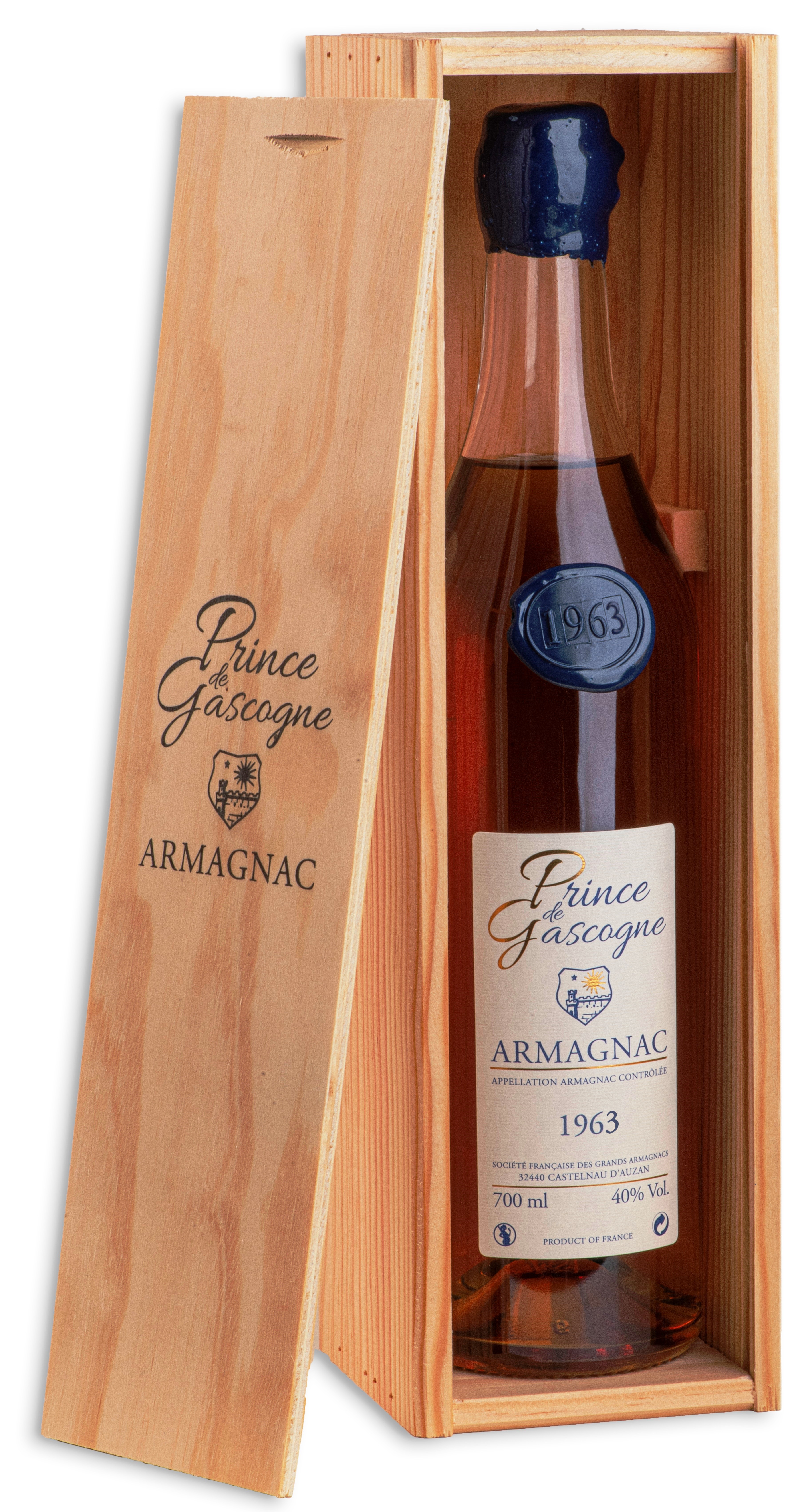 Armagnac Prince de Gascogne 1963, 0,7l, 40%, seduction bottle, wood box