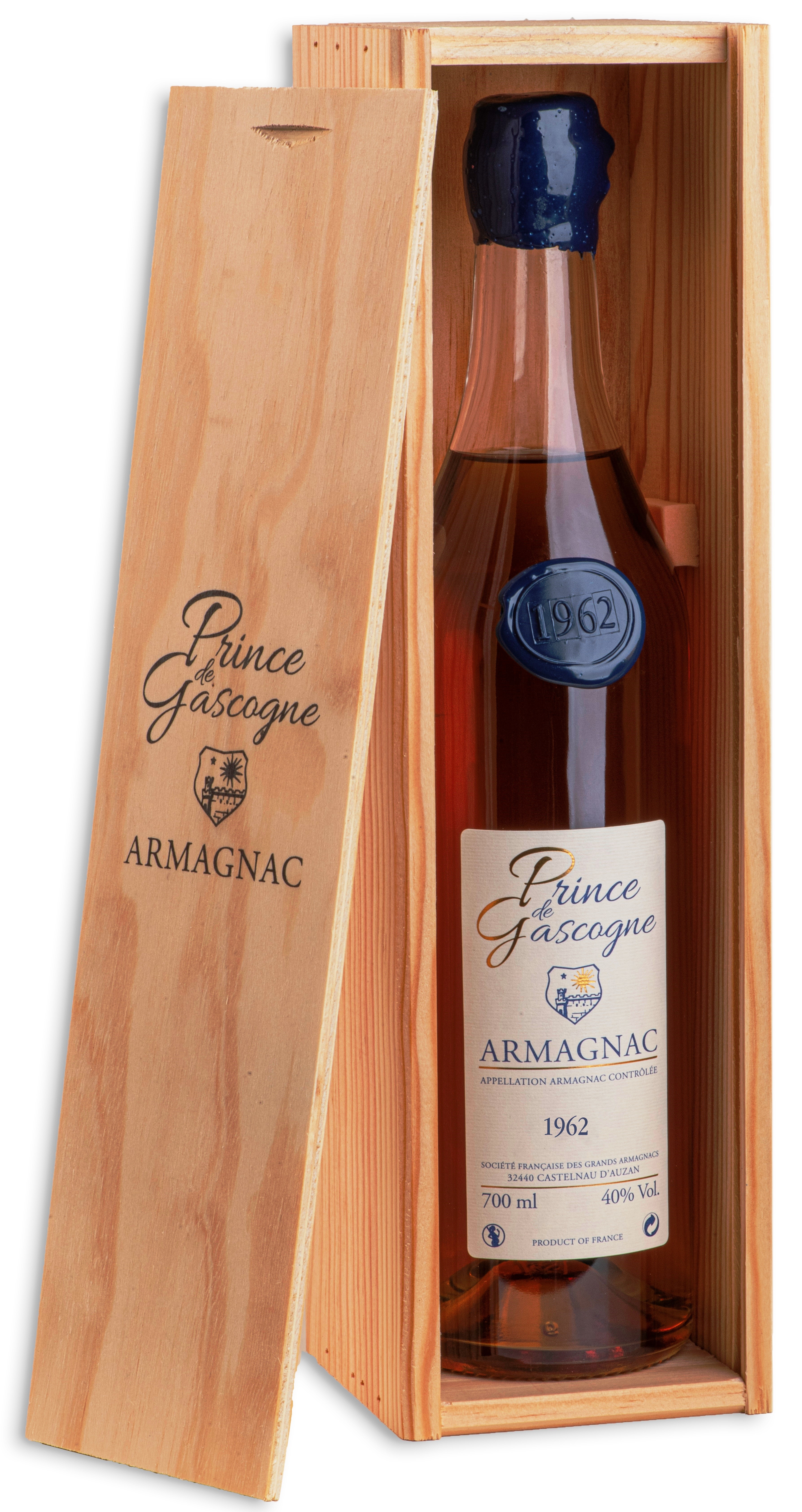 Armagnac Prince de Gascogne 1962, 0,7l, 40%, seduction bottle, wood box