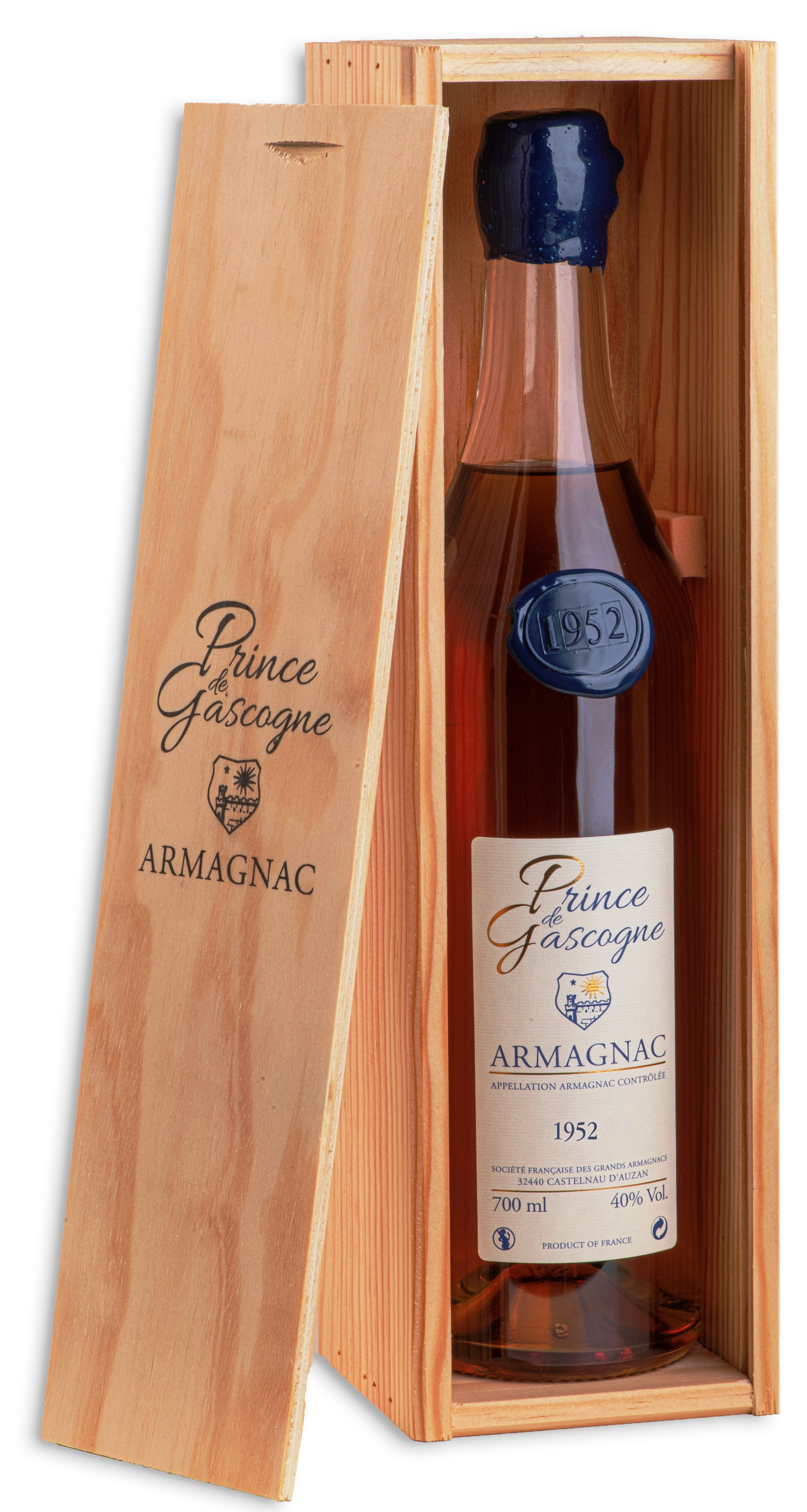 Armagnac Prince de Gascogne 1952, 0,7l, 40%, seduction bottle, wood box