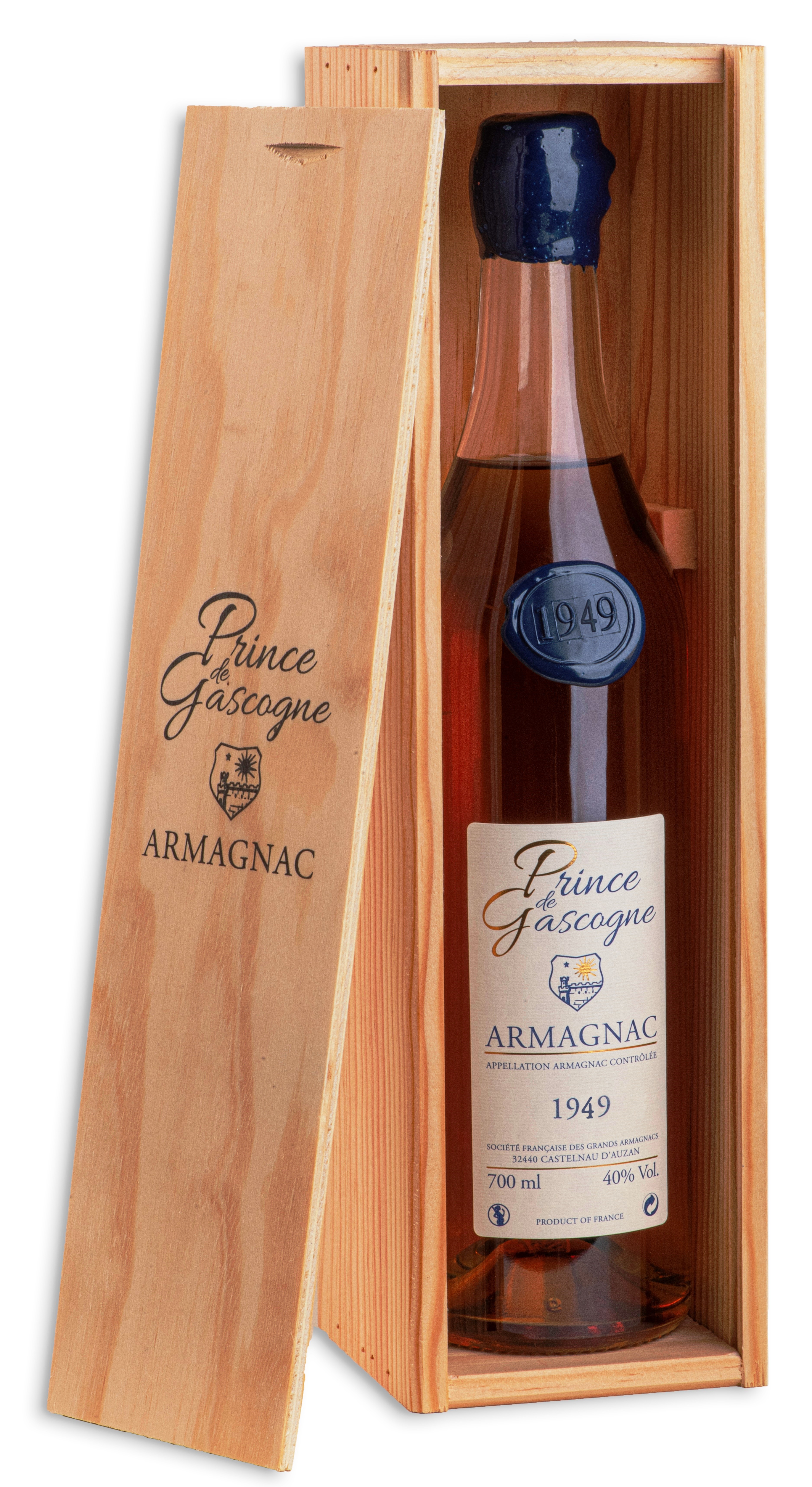 Armagnac Prince de Gascogne 1949, 0,7l, 40%, seduction bottle, wood box