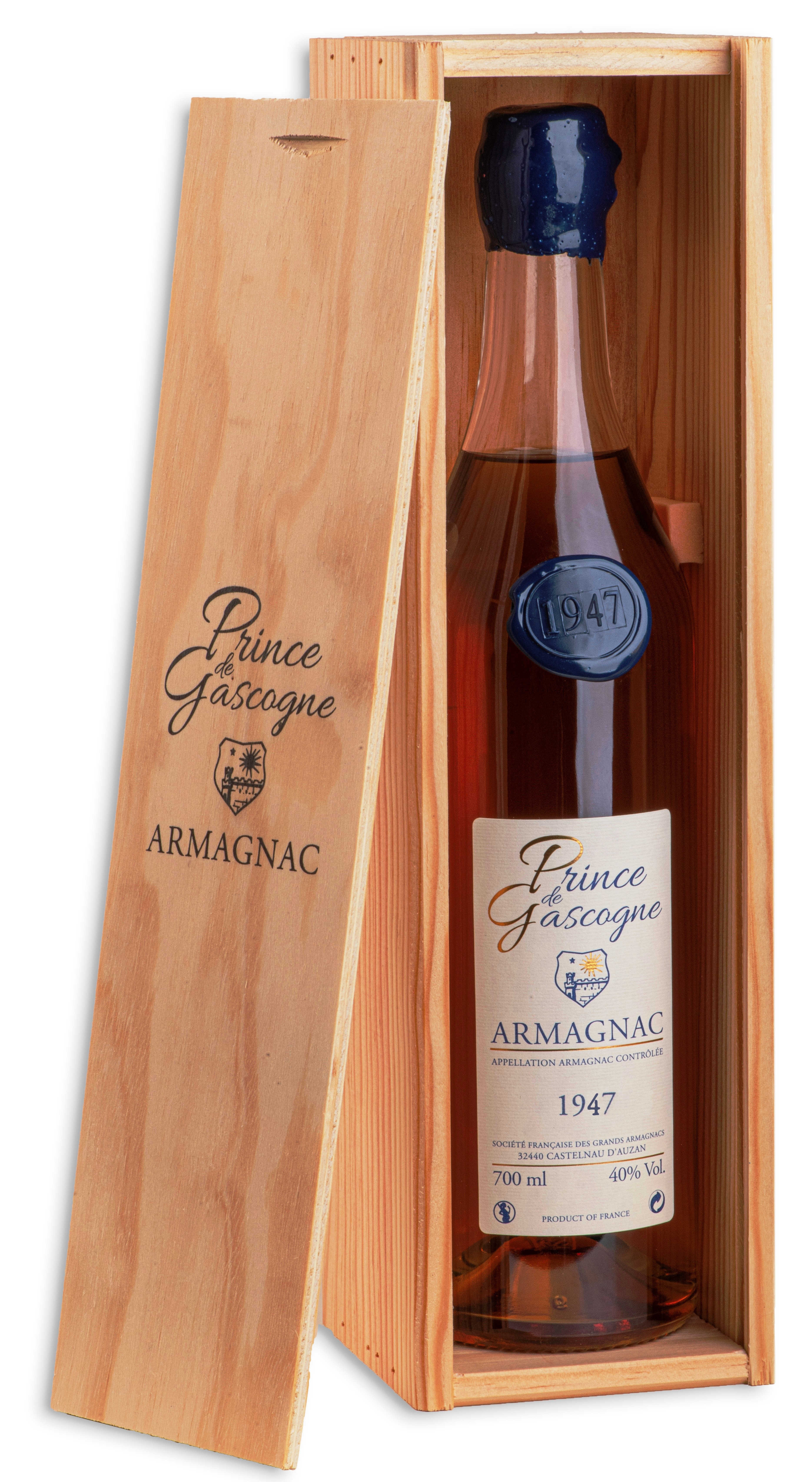 Armagnac Prince de Gascogne 1947, 0,7l, 40%, seduction bottle, wood box