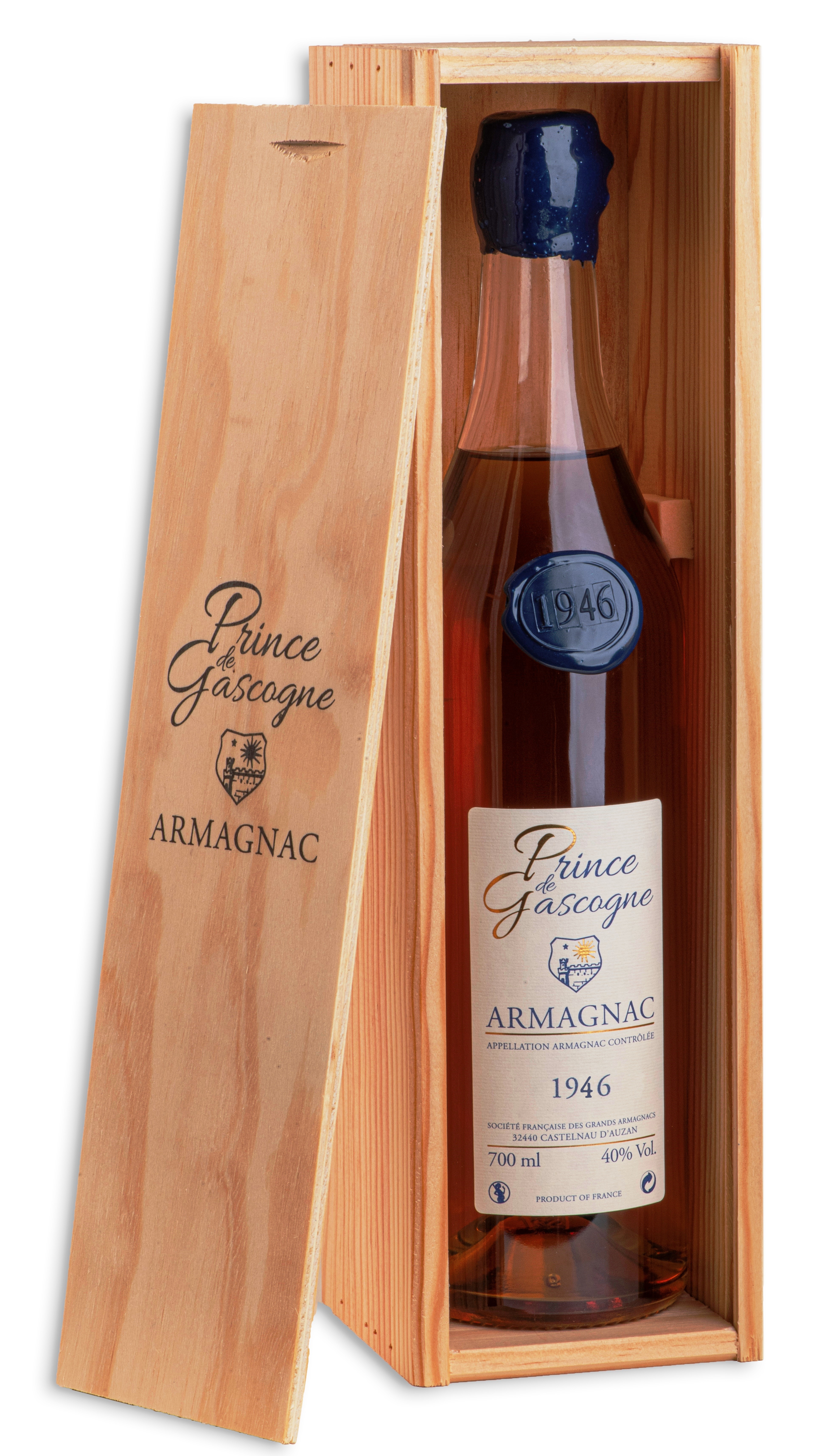 Armagnac Prince de Gascogne 1946, 0,7l, 40%, seduction bottle, wood box