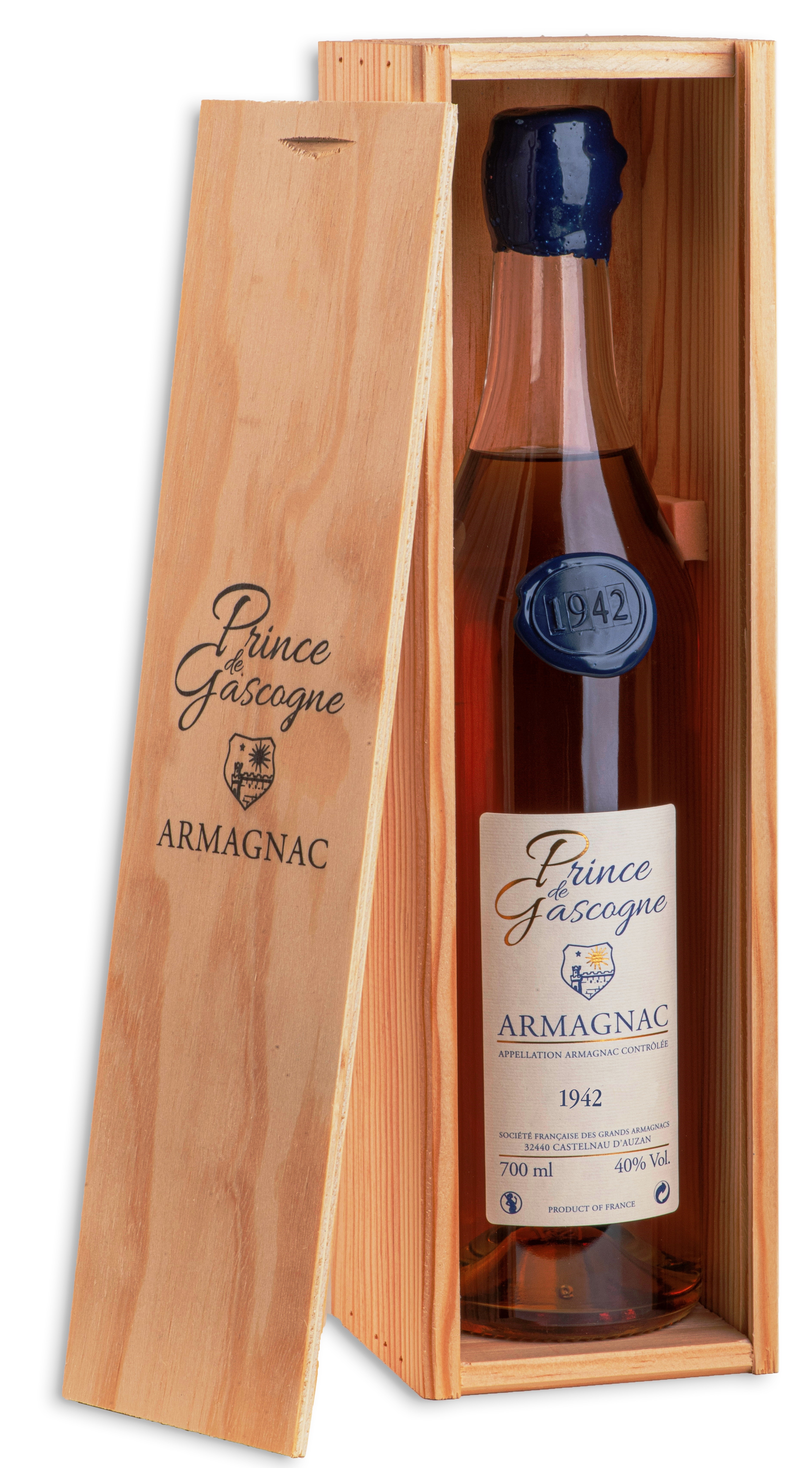 Armagnac Prince de Gascogne 1942, 0,7l, 40%, seduction bottle, wood box
