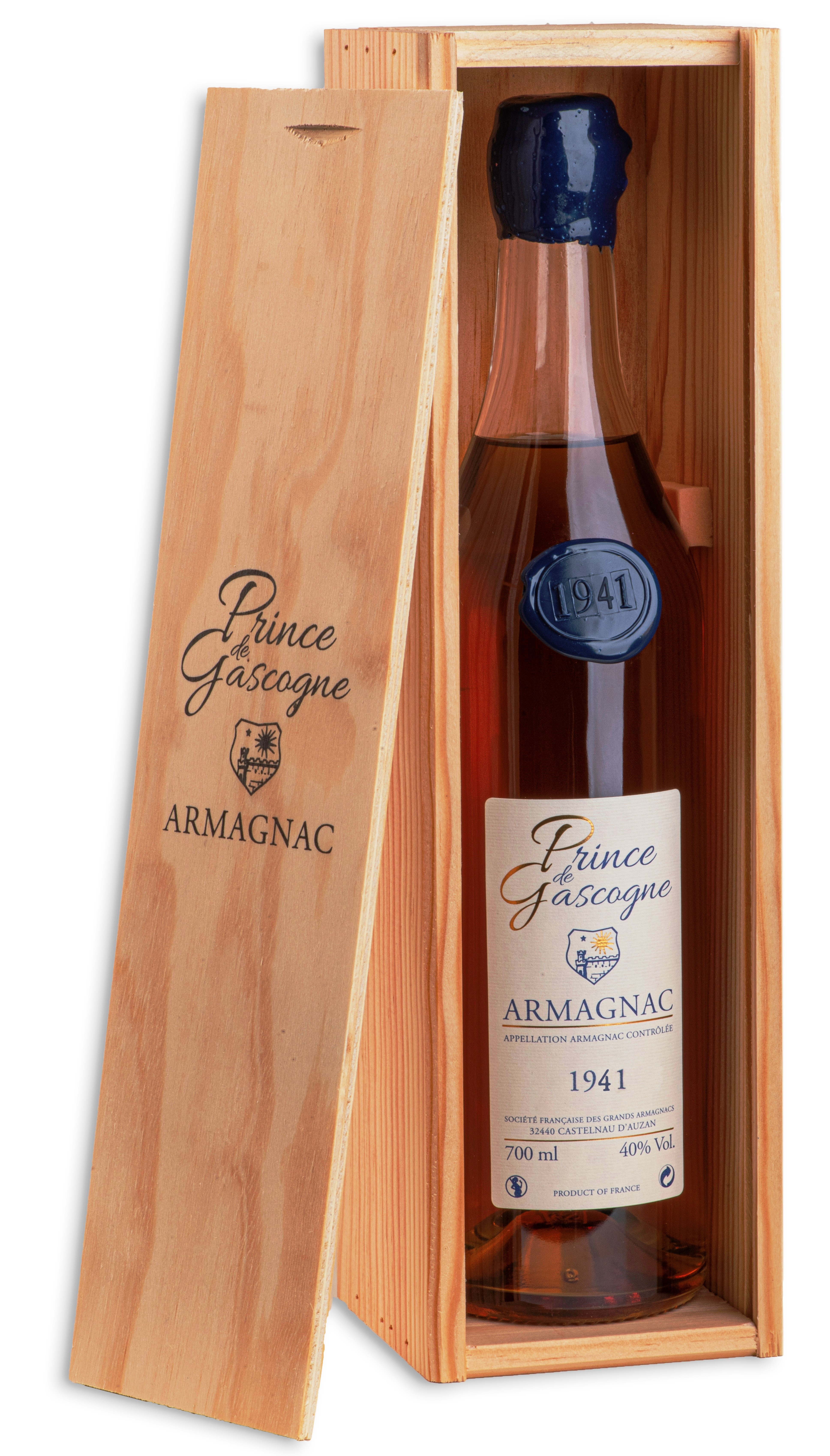 Armagnac Prince de Gascogne 1941, 0,7l, 40%, seduction bottle, wood box